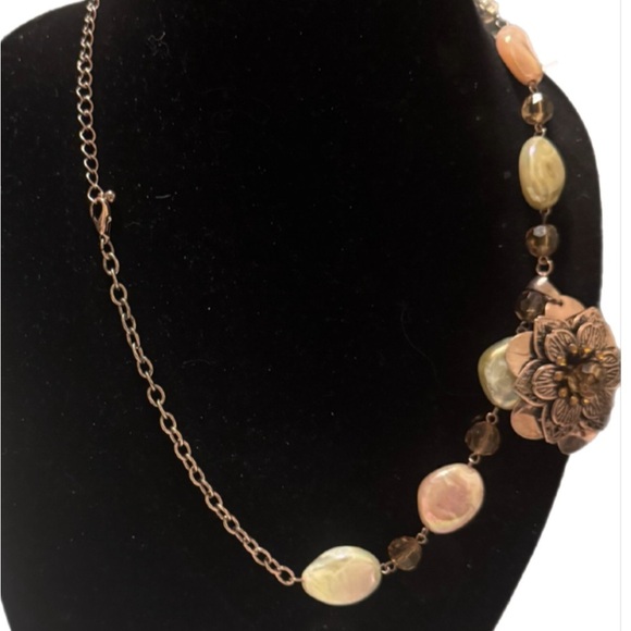 Vintage Necklace Copper Colored Flower w/ Beads On A Chain Bohemian Earthy - Picture 4 of 7